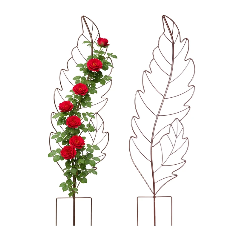 Relaxdays Leaf-Shaped Metal Trellis, 2 pcs, Plant Support for Garden & Pots, 100 x 30 cm, Brown
