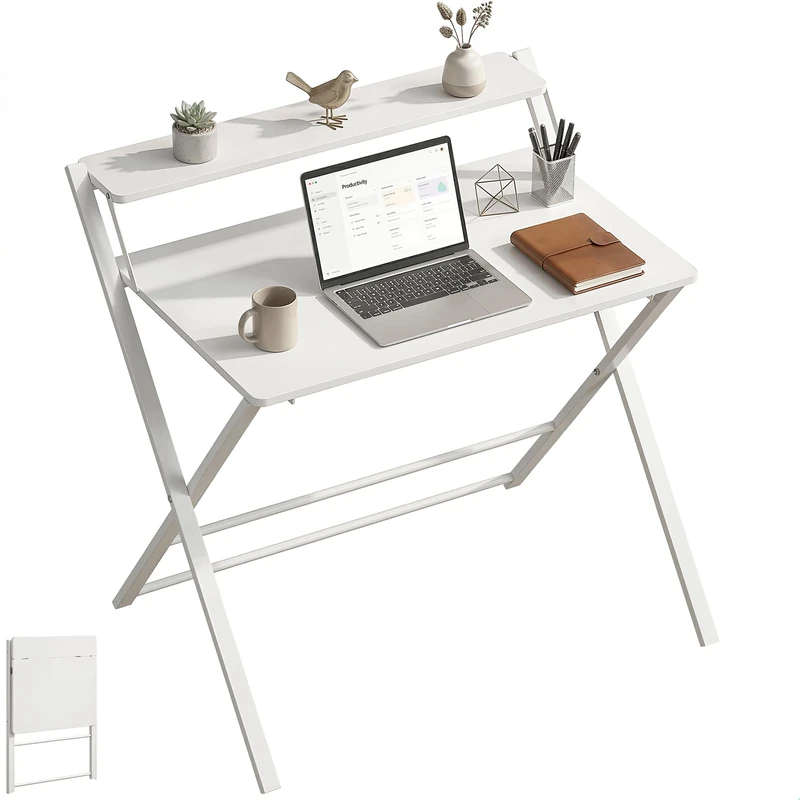 HOMCOM Compact Folding Desk for Small Spaces, Foldable Computer Desk with Storage Shelf for Home Office, 2-Tier Study Writing Table, 86 x 66 x 82 cm, White - Image 1