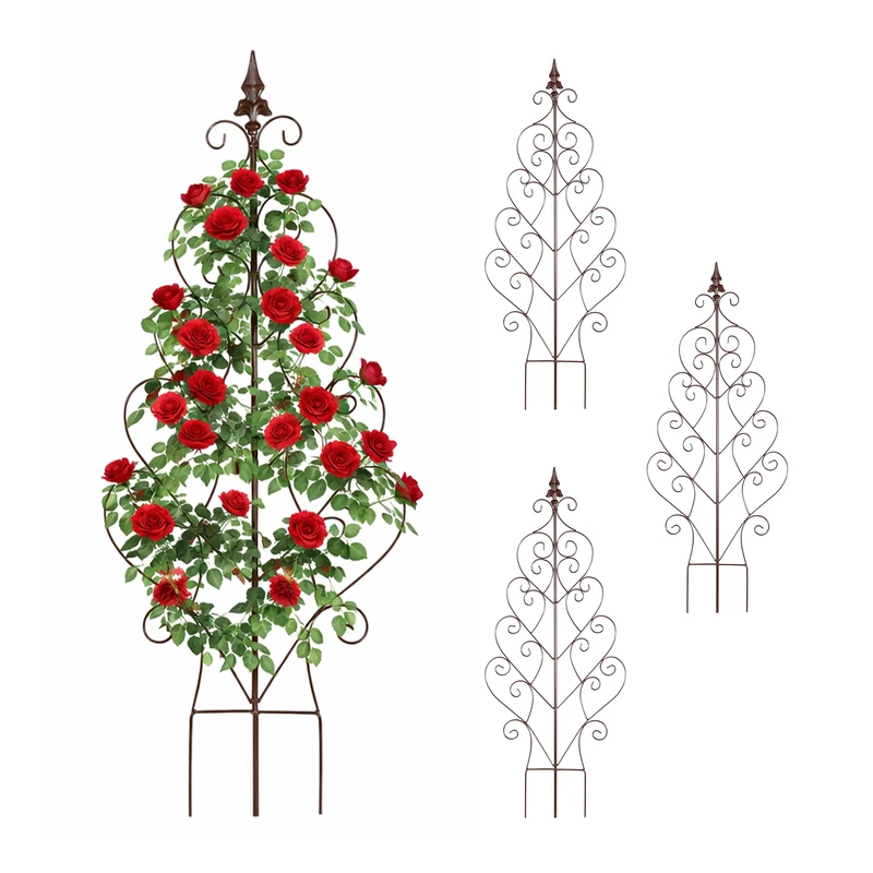 Relaxdays Set of 4 Metal Heart & Fleur-de-Lis Trellises, Climbing Plant Supports, 100 x 40 cm, Brown
