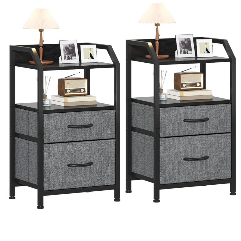 Feonase Set of 2 Bedside Table with 2 Fabric Drawers & Open Shelf - Sturdy Metal Frame Nightstand, Compact End Table for Bedroom, Living Room, Small Spaces, Wooden Top Storage Furniture, Deep Grey