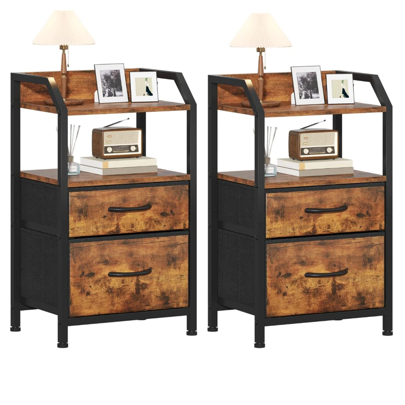 Feonase Set of 2 Bedside Table with 2 Fabric Drawers & Open Shelf - Sturdy Metal Frame Nightstand, Compact End Table for Bedroom, Living Room, Small Spaces, Wooden Top Storage Furniture, Rustic Brown