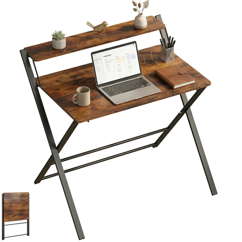 HOMCOM Compact Folding Desk for Small Spaces, Foldable Computer Desk with Storage Shelf for Home Office, 2-Tier Study Writing Table, 86 x 66 x 82 cm, Rustic Brown
