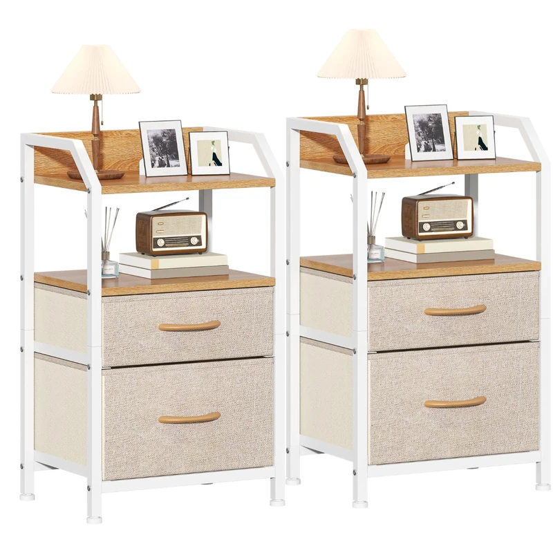 Feonase Set of 2 Bedside Table with 2 Fabric Drawers & Open Shelf - Sturdy Metal Frame Nightstand, Compact End Table for Bedroom, Living Room, Small Spaces, Wooden Top Storage Furniture, Khaki