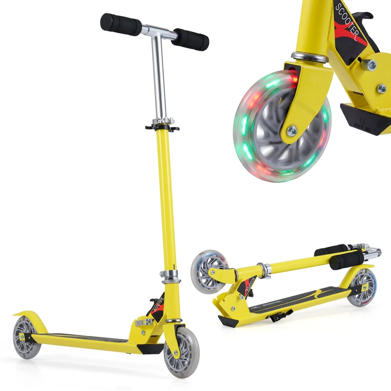 GYMAX Kids Stunt Scooter, Folding Kick Push Scooter with 2 Flashing Wheels and Adjustable T-bar, Perfect as a Gift for 4-13 Years Boys Girls (Yellow)