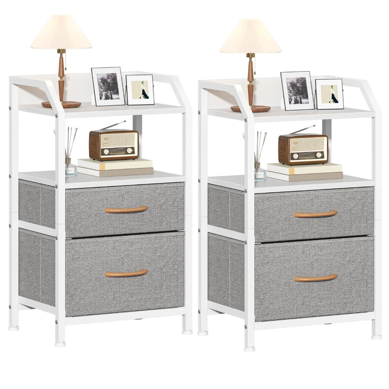 Feonase Set of 2 Bedside Table with 2 Fabric Drawers & Open Shelf - Sturdy Metal Frame Nightstand, Compact End Table for Bedroom, Living Room, Small Spaces, Wooden Top Storage Furniture, Light Grey