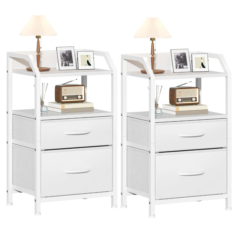 Feonase Set of 2 Bedside Table with 2 Fabric Drawers & Open Shelf - Sturdy Metal Frame Nightstand, Compact End Table for Bedroom, Living Room, Small Spaces, Wooden Top Storage Furniture, White