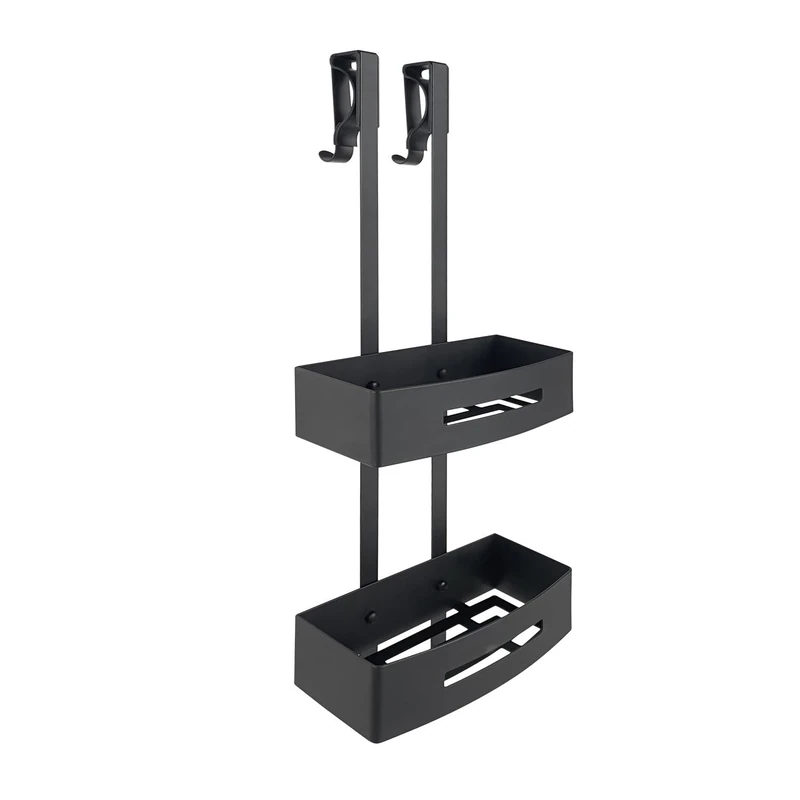Gedy Poseidon Shower Shelf with 2 Shelves to Hang on the Door in Stainless Steel AISI 304 Matte Black, Door Knocker, 4 cm, W24 x D18.7 x H70 cm, Waterproof Rustproof - Image 1