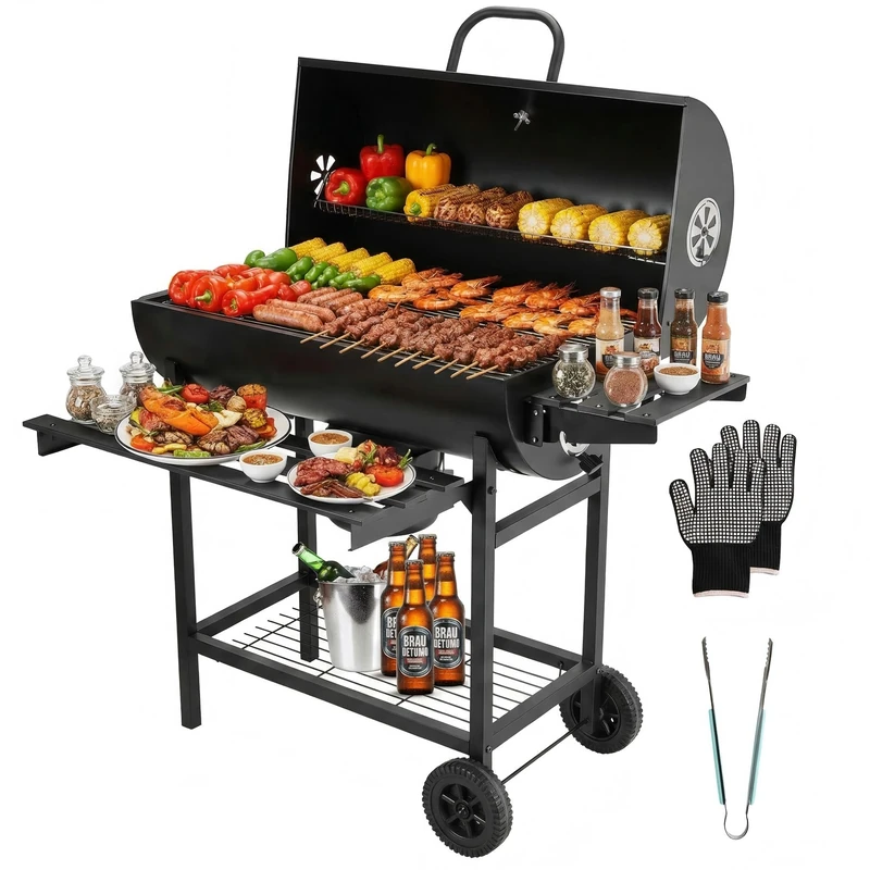 DEWINNER Charcoal Barbecue with Grill, Removable Chicken Rotisserie Spit, Anti-Scald Gloves and Free Tongs, Ideal for Garden/Patio/Camping (Basic Model)