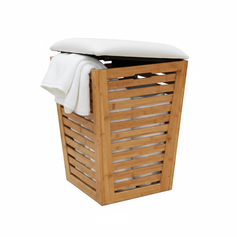 Relaxdays Bathroom Laundry Basket with Seat & Storage, 55L, Bamboo & Fabric, 56x40x40 cm, Natural/Cream
