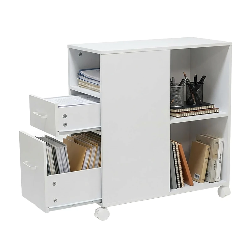 Relaxdays Roll Container with 2 Drawers and 3 Compartments, MDF Office Under-Desk Cabinet, White, 65x30x60 cm