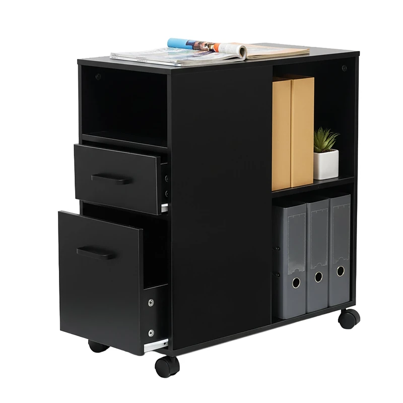 Relaxdays Mobile Pedestal with 2 Drawers and 3 Compartments, MDF, 65x30x60 cm, Black
