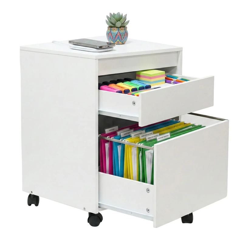 Relaxdays Roll Container with 2 Drawers, Hanging File for A4/Letter, on Castors, White, 57x40x40 cm