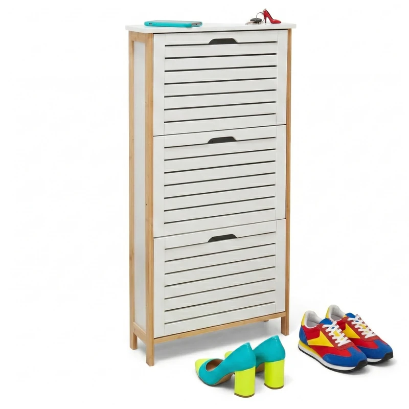 Relaxdays Tilting Shoe Cabinet, Narrow Hallway Storage, White/Natural, 108.5x53x19 cm