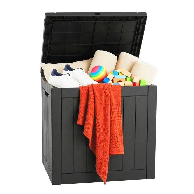 Relaxdays Garden Storage Box with Seat Cushions & Tools, Weatherproof, UV-Resistant, 53x56x43 cm, Black