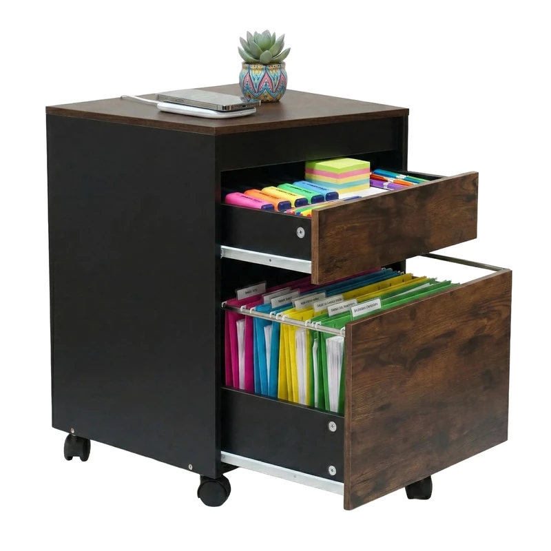 Relaxdays Rolling Cabinet with 2 Drawers, Hanging Files, Castors, 57x40x40 cm, Brown/Black - Image 1