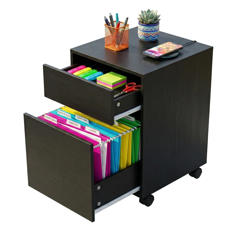 Relaxdays Rolling Cabinet with 2 Drawers & Hanging Files, HxWxD: 57x40x40cm, Black Desk Cabinet on Castors - Image 1