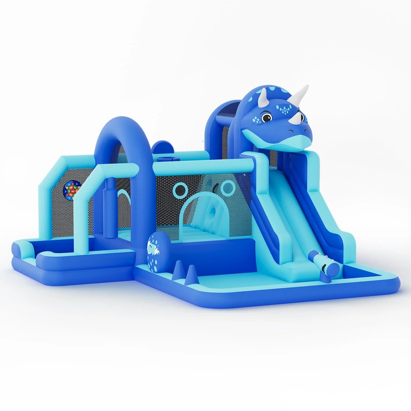 Inflatable Castle Dinosaur Structure Oxford Fabric, Inflatable Kids Outdoor Games, with Blower, Trampoline, Slide, Climbing Wall, Playground, for 3-10 Years, Capacity 113 kg, Blue