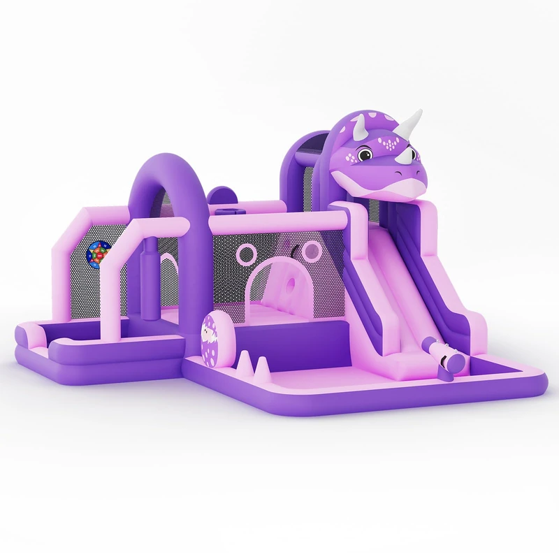 Inflatable Castle Oxford Fabric Dinosaur Structure Outdoor Children Inflatable Games with Blower, Trampoline, Slide, Climbing Wall, Playground, for 3-10 Years, Capacity 250 lbs, Purple