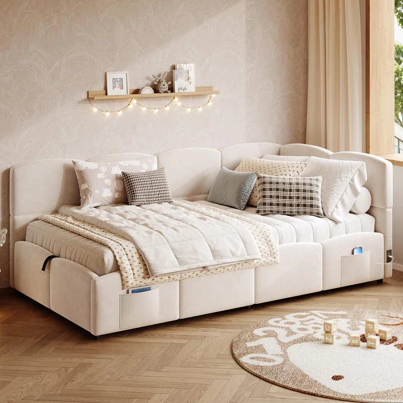 Ball & Cast Single Bed frame, 3ft Single Upholstered Ottoman Bed, Corner Bed Frame, Girls Daybed Sofabed, with USB Charging & Side Pocket, Sturdy Wooden Slat Support, Boucle, Beige, 90 x 190 cm