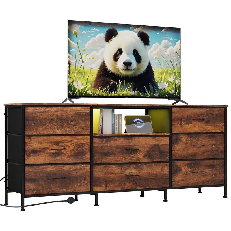 Modern Industrial TV Unit with 8 Drawers for 75 Inch TVs, Large Storage Space - Steel Frame and Particle Board - Integrated LED Lighting - 160 x 35 x 68 cm, Brown - Image 1