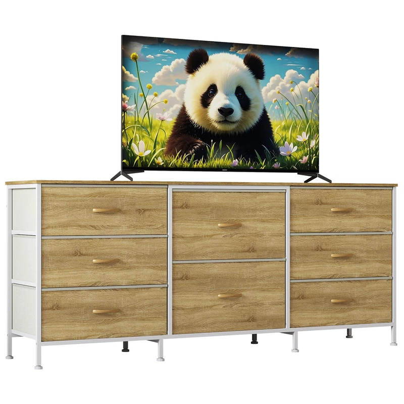 GarveeHome 8 Drawer Fabric Chest of Drawers with Wood Tray – TV Stand and Storage, Metal Frame, for Living Room/Bedroom, 160 x 69 x 36 cm, Natural Wood Colour - Image 1