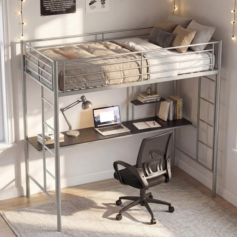 RELAX4LIFE Single Metal Bunk Bed with Desk, Metal High Sleeper Bed with 2 Ladders & Safety Guardrail, Small Space Saving Loft Bunk Bed for Kids Children Adults, No Box Spring Needed (Sliver)