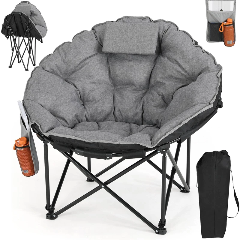 Clevich Folding Moon Chair, Camping Chair with Cotton Padded Seat, Headrest, Portable Garden Chair, Supports 150kg, for Camping Fishing Beach Outdoor