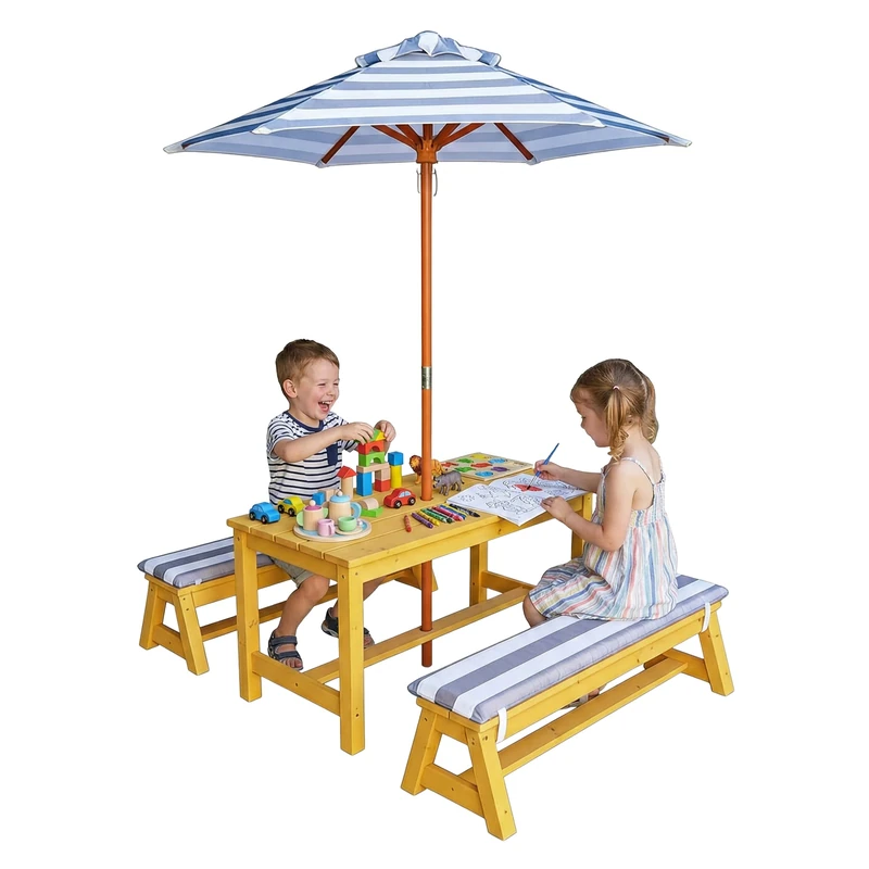 Relaxdays children's garden picnic set with parasol & cushions, pine, natural - Image 1
