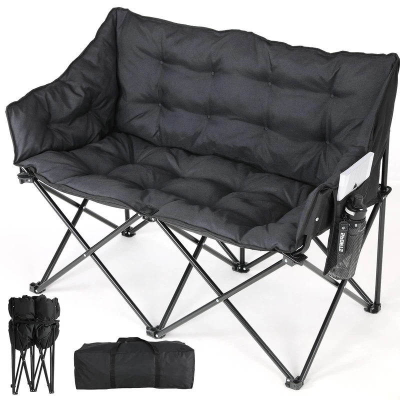 Clevich Double Camping Chair for Adults, Folding 2 Seater Padded Seat 320kg Capacity, Portable Camping Sofa with Side Pockets, Carry Bag for Garden Outdoor Picnic Fishing Indoor Dining