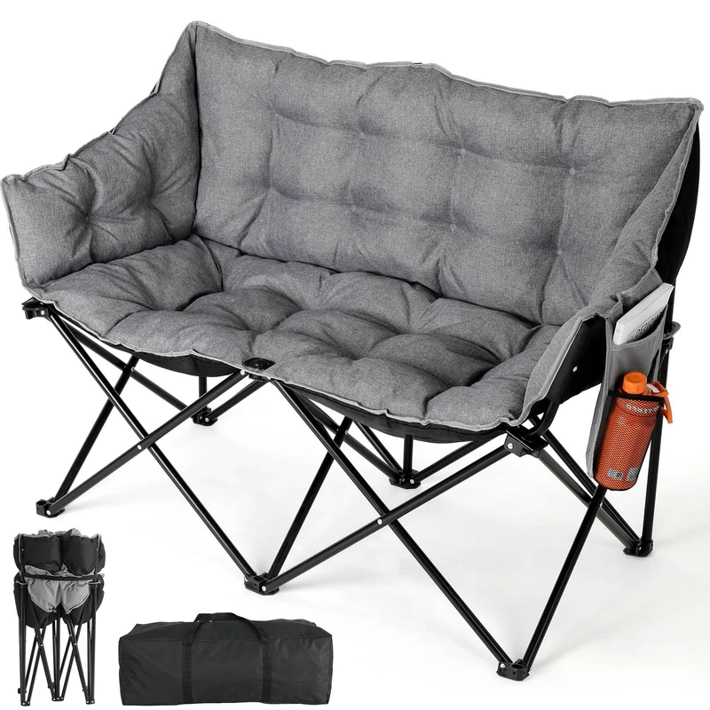 Clevich Double Camping Chair for Adults, Folding 2 Seater Padded Seat 320kg Capacity, Portable Camping Sofa with Side Pockets, Carry Bag for Garden Outdoor Picnic Fishing Indoor Dining (Grey)