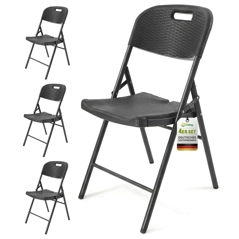Sekey Rattan Folding Chairs, Set of 4, Garden Chairs, Folding Camping Chairs, Waterproof up to 150 kg, Balcony Chairs Made of Metal and Plastic, Folding Chairs for Dining Room, Garden and Patio, Black
