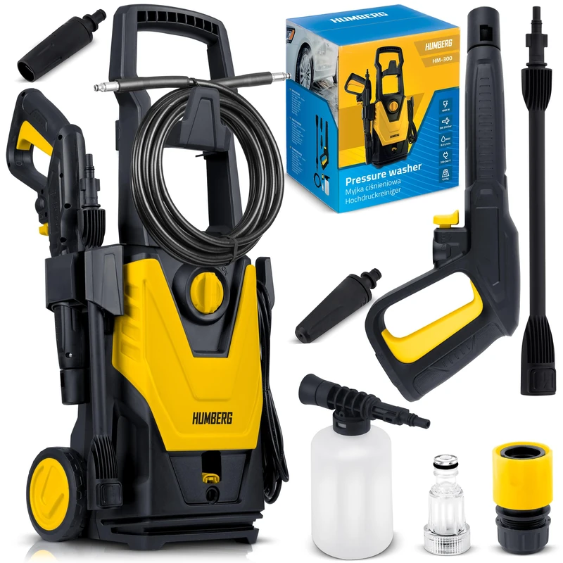 Humberg Pressure Washer - 1800 W Professional Car Wash with 230 Bar EW - Aluminium Pump Self-priming Includes 6 m Hose and Turbo Nozzle - Ideal for Garden, Patio and Cars - Yellow Black
