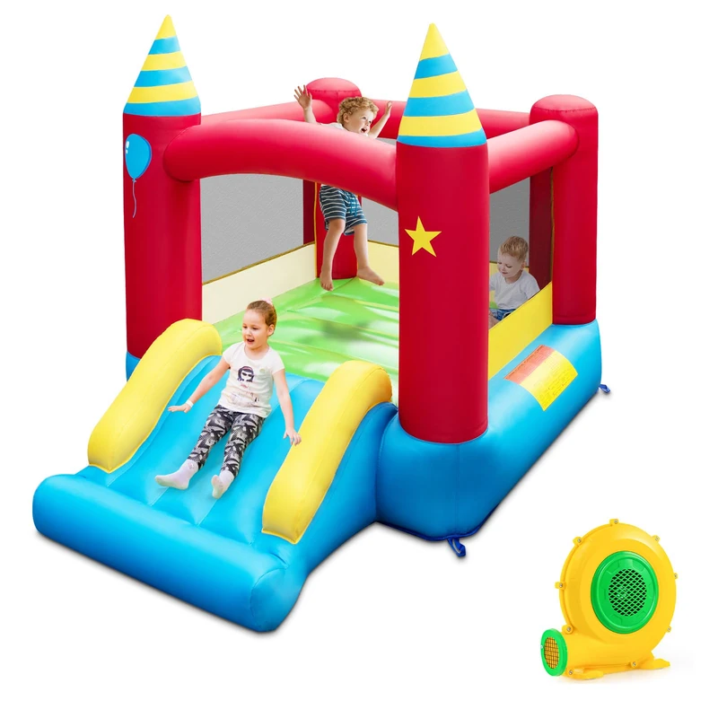 GYMAX Kids Bouncy Castle, Inflatable Jumping House with Slide & Carry Bag, Indoor Outdoor Children Bounce Playhouse for 3-10 Years Old Boys Girls (with 480W Blower)