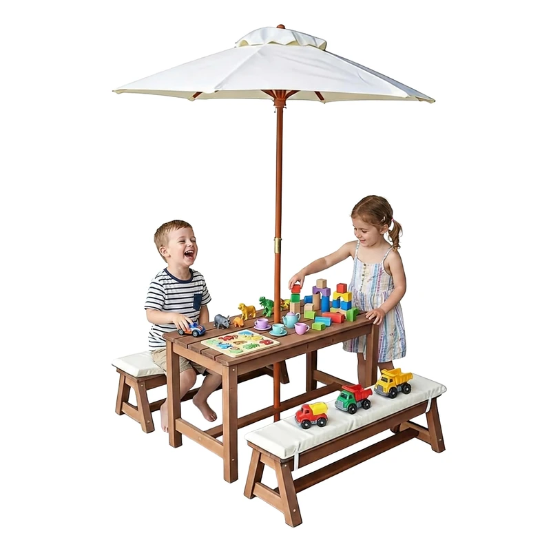 Relaxdays children's outdoor table & bench set, parasol & cushions, pine, for up to 4 children, brown