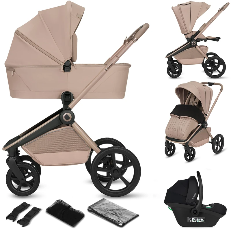Lionelo Freya 3 in 1 Baby Stroller Pram Travel System 0-4 Years Set: Foldable Carrycot + Pushchair + Car Seat I-Size 40-87 cm Suspension, PU Wheels, Reclining, UPF50+ Canopy Accessories (Beige Sand)