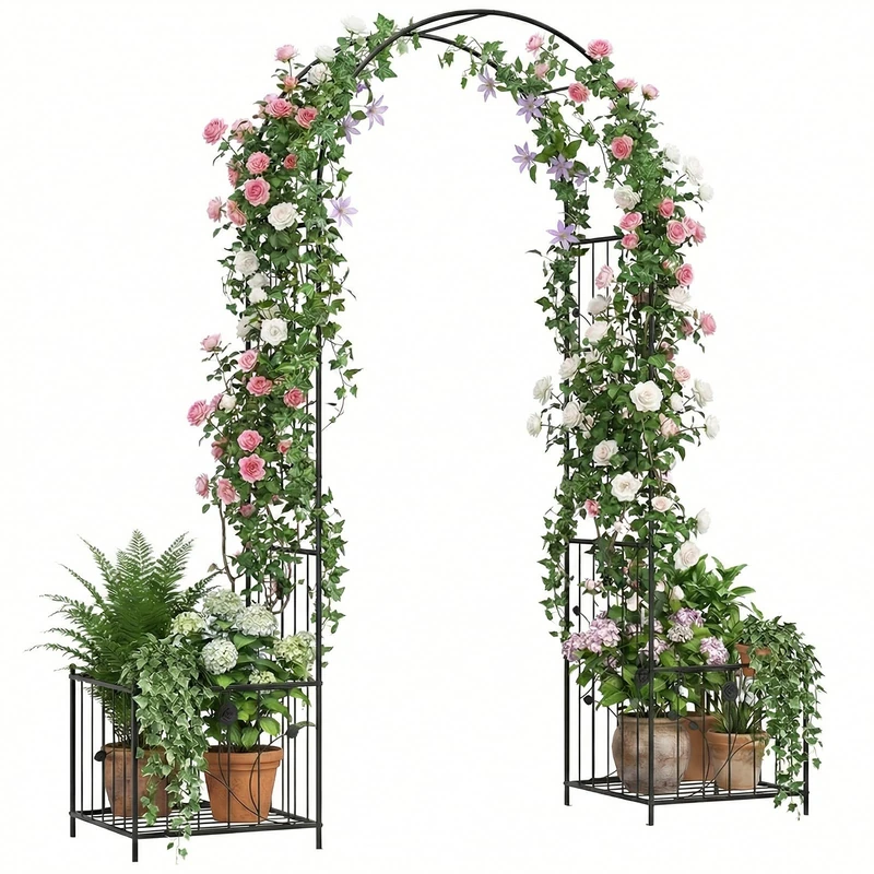 GiantexUK Garden Arch, 2.2M Metal Pergola Trellis Arbour, Rose Vine Climbing Plants Trellis Support Archway for Lawn Patio Wedding Ceremony Party Decoration (with Planter, 198x49x221 cm)