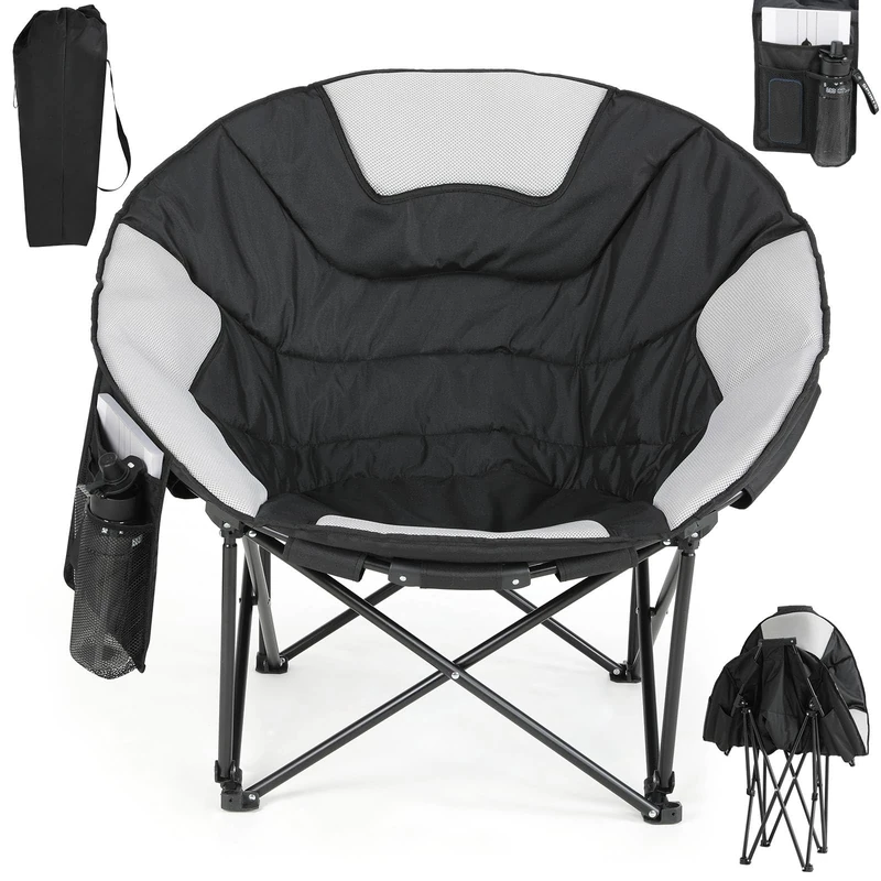 Clevich Folding Moon Chair, Heavy Duty Camping Chair with Breathable Mesh, Padded Cushion, Storage Bag, Supports 150kg Portable Garden Chair for Fishing Beach Outdoor Indoor