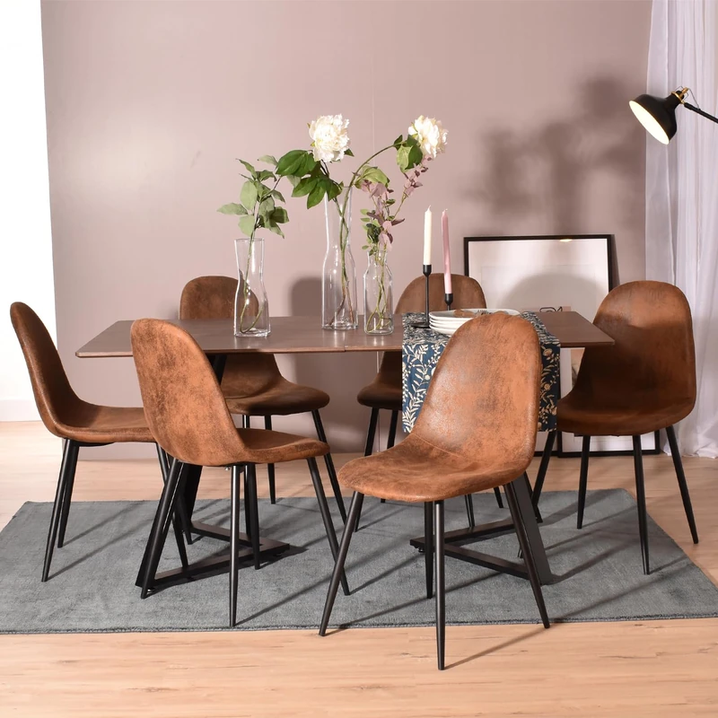 MEUBLE COSY Dining Chairs Set of 6, Vintage Upholstered Kitchen Chair with Backrest, for Living Room Bedroom Home Office, Metal Legs, Suede, Brown