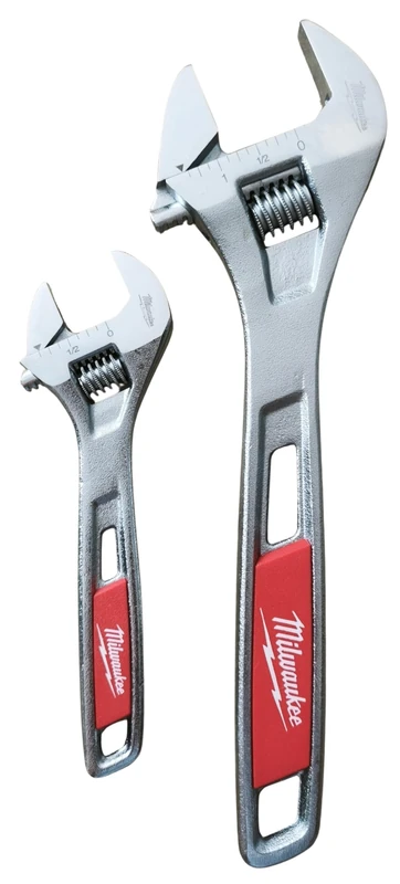 Milwaukee Set of 2 Adjustable Wrenches 150 mm and 250 mm, Professional Adjustable Wrenches, Parallel Jaws, Thin Head, Chrome Finish Rust Resistant, 4932499519