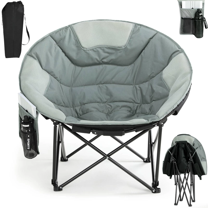 Clevich Folding Moon Chair, Heavy Duty Camping Chair with Breathable Mesh, Padded Cushion, Storage Bag, Supports 150kg Portable Garden Chair for Fishing Beach Outdoor Indoor (Grey)