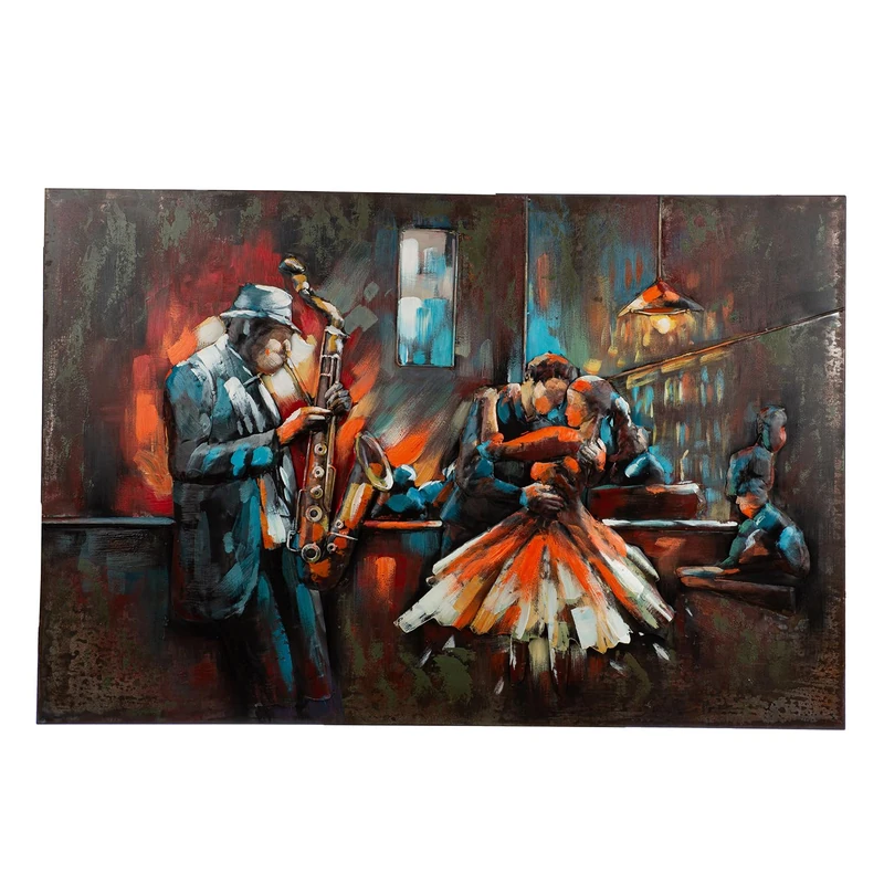 GILDE Bartime Metal Picture - Musicians Motif and Couple Motif - Structured - Rectangular - Height 80 cm x Width 120 cm - Blue/Brown/Red - Image 1