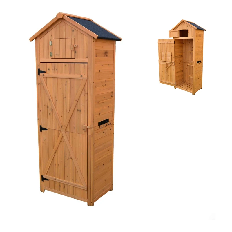 Relaxdays garden cabinet, pine, weatherproof roof, 3 removable shelves, folding table, HWD: 180.5 x 75 x 50 cm, orange