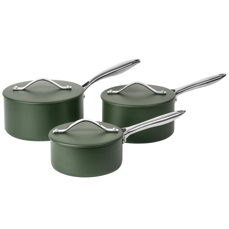 ProChef 3 Piece Ceramic Coated Non Stick Saucepan Set – Ceramic Saucepans with Lids, Induction Hob Compatible, PFAS Free Aluminium Cookware Set, Dishwasher & Oven Safe (Green)