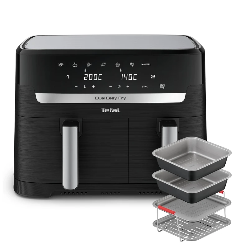 Tefal Easy Fry Dual Zone Digital Air Fryer, 2 Drawers, 8.3L, Black & Metal EY901840 + Tefal Air Fryer Accessory Set, 4 Piece, J701S444 - Black