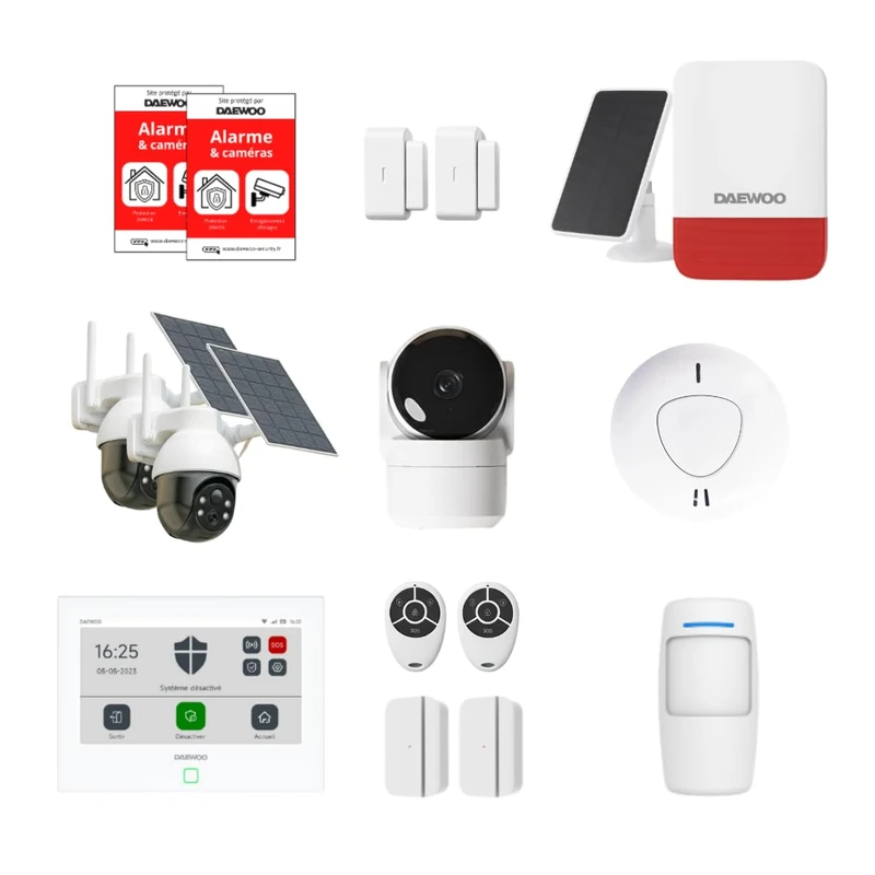 Daewoo Security - Wireless WiFi Smart Home Alarm - Ultimate Essential Pack with 2 outdoor solar cameras, indoor camera and siren - without subscription - compatible with Alexa & Google Home