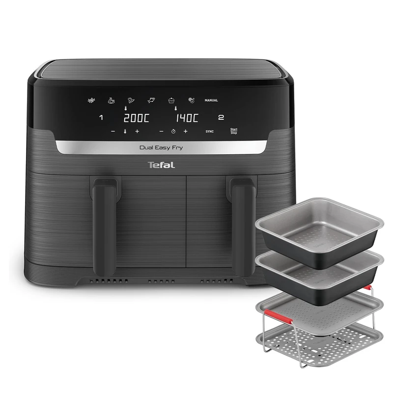Tefal Easy Fry Dual Zone Digital Air Fryer, 2 Drawers, 8.3L, Coal Grey - EY901HG0 + Tefal Air Fryer Accessory Set, 4 Piece, J701S444 - Black