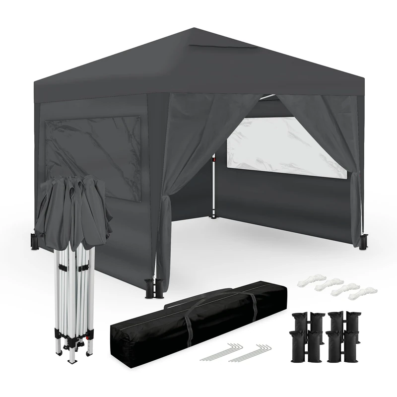 Wasabi - 3 x 3 m Folding Gazebo - 4 Side Walls - 4 Sand Bags, Pegs and Ropes - Carry Bag - Nylon Pergola - Gazebo for Outdoor Garden, Camping, Parties (Grey)