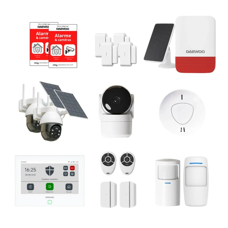 Daewoo Security - Wireless Smart Home Alarm - Ultimate Plus Pack with 2 outdoor cameras, 1 Full HD camera, solar outdoor siren and 2 detectors - without subscription - Alexa & Google Home