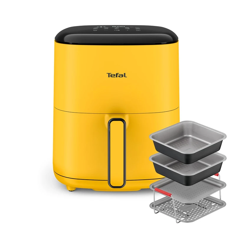 Tefal Easy Fry Max Air Fryer, 5 L Capacity, Pop Yellow - EY2452G0 + Tefal Air Fryer Accessory Set, 4 Piece, J701S444 - Black