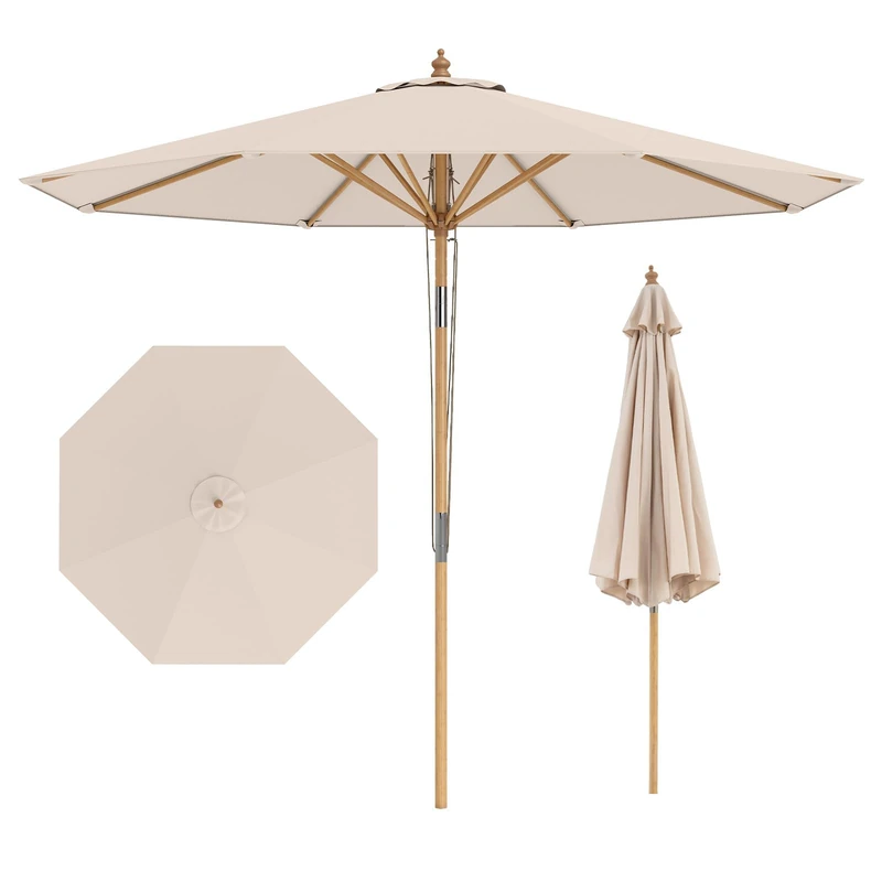 FANTASK Parasol 270 cm, Garden Umbrella 30° Bendable on Both Sides, Wooden Balcony Umbrella, Patio Umbrella, Market Umbrella for Garden, Balcony, Patio (Beige) - Image 1